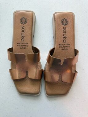 Soruka Daphne Leather Sandals Comfort Gel Metallic Bronze Sz 37